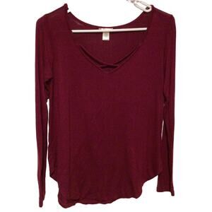Bozzolo Burgundy Caged V-Neck Long Sleeve Stretch Top – Size Small Casual